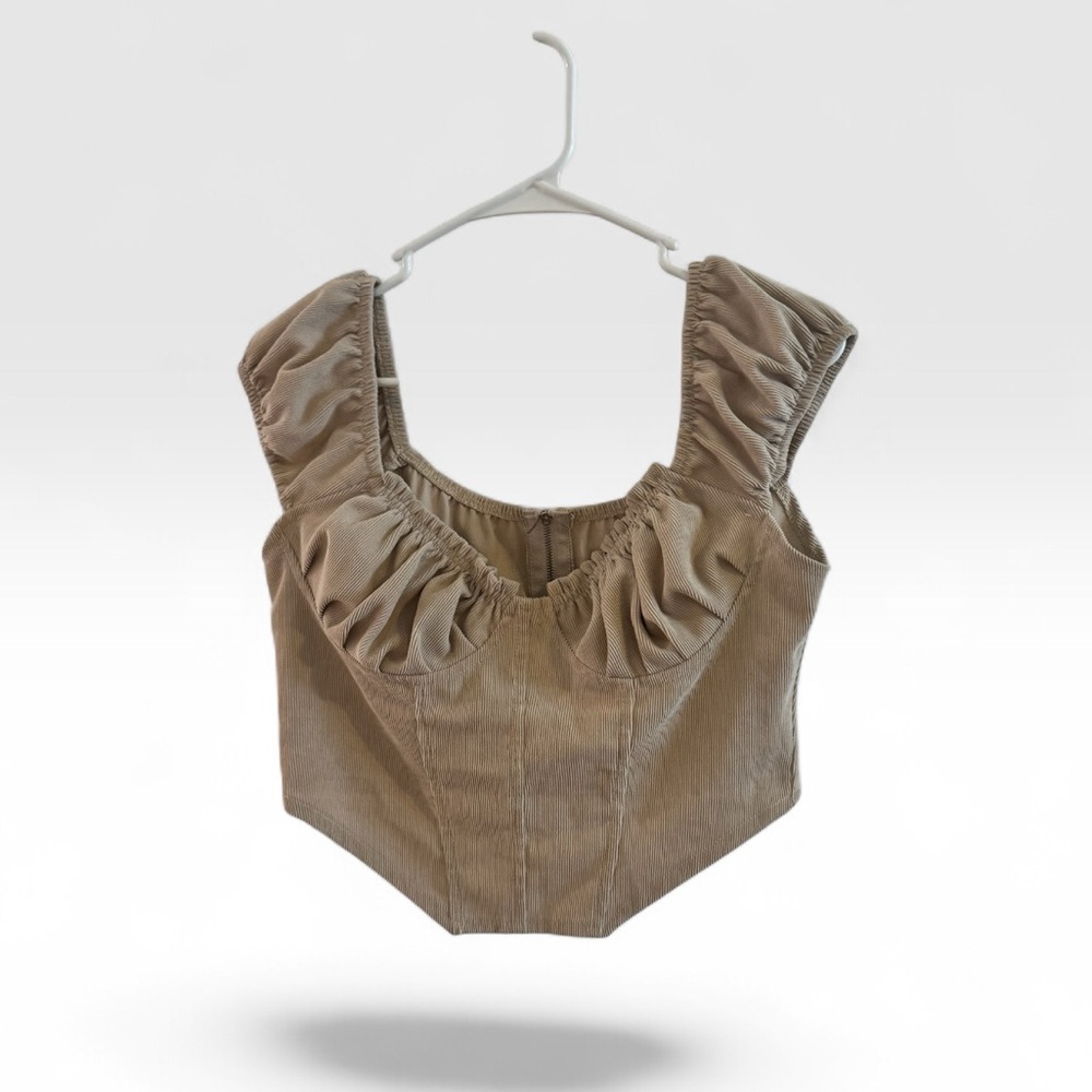 SHEIN Taupe Corduroy Ruffle Square Neck Corset Top